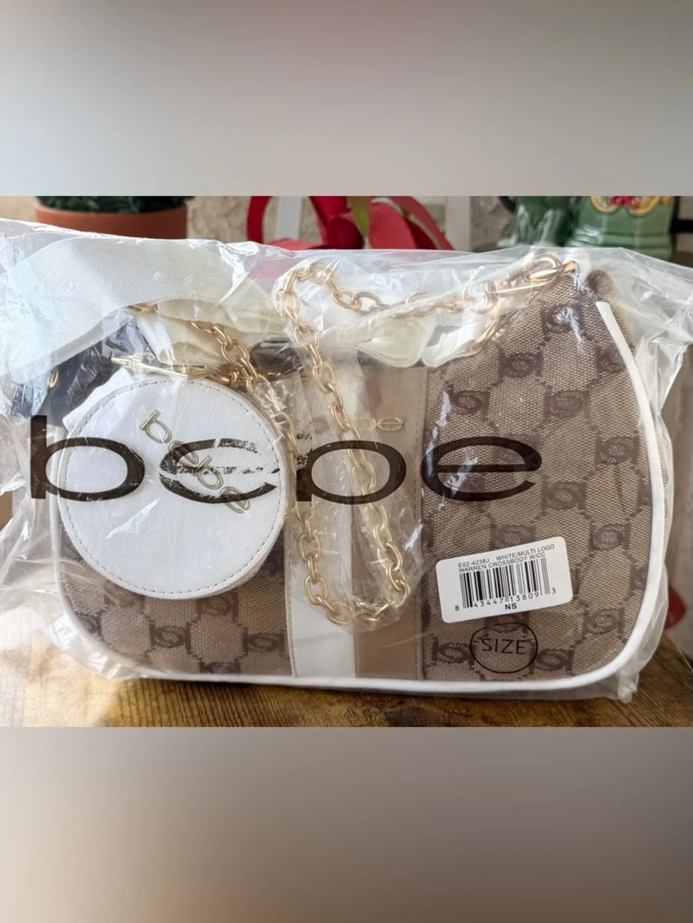 bebe Brown, White & Gold Logo Hobo Shoulder Bag with Coin Pouch - Picture 13 of 16